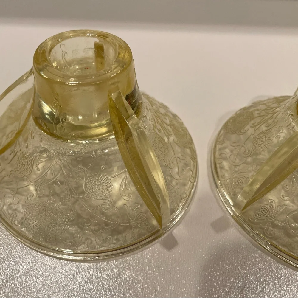 Pair (2) Hazel Atlas Candlestick Holders Yellow “Poppy” Depression Glass | EUC
